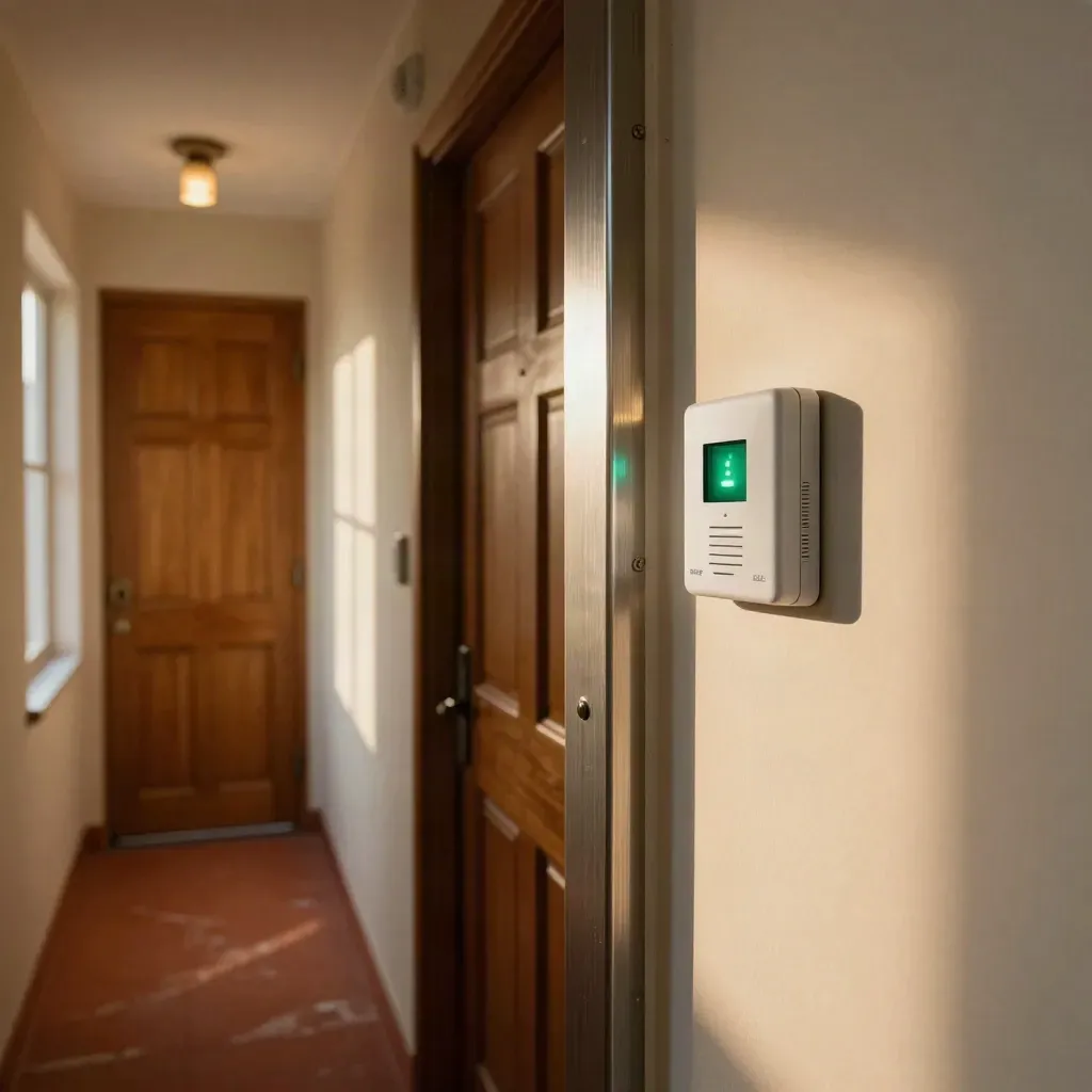 Corridoio d’ingresso con centrale allarme, contatto magnetico, sensore PIR e sirena discreta.