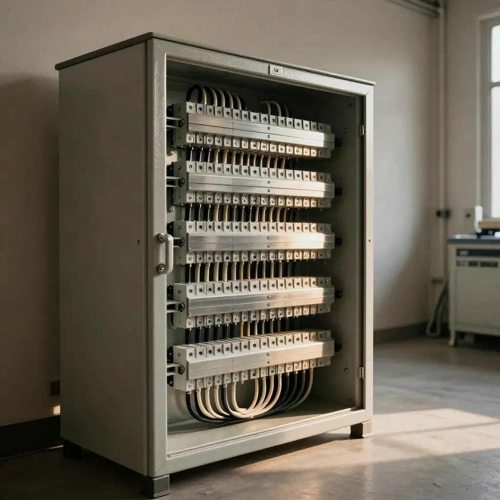 Quadro elettrico a bassa tensione aperto in un locale tecnico, con cablaggio ordinato.