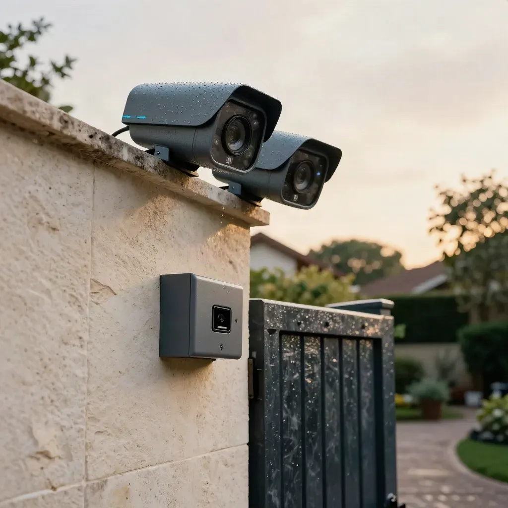 Due telecamere PoE su muro in travertino bagnato, con cancello di cortile e luce blu discreta.