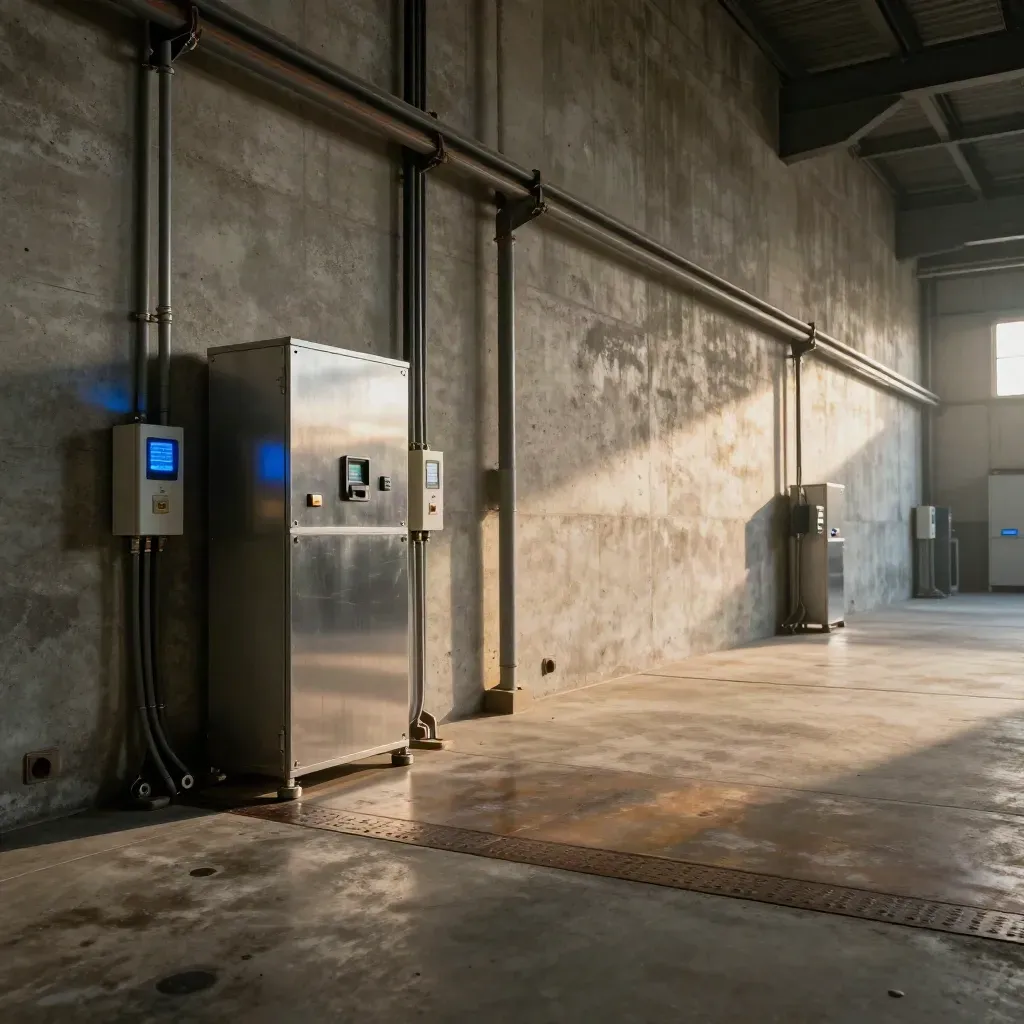 Capannone industriale con rack dati, sensori ai varchi e luce blu elettrica.