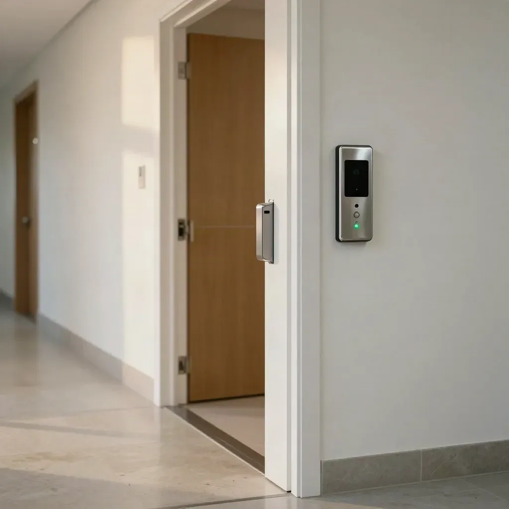 Ingresso di studio medico con lettore badge, videocitofono e corridoio bianco immacolato.