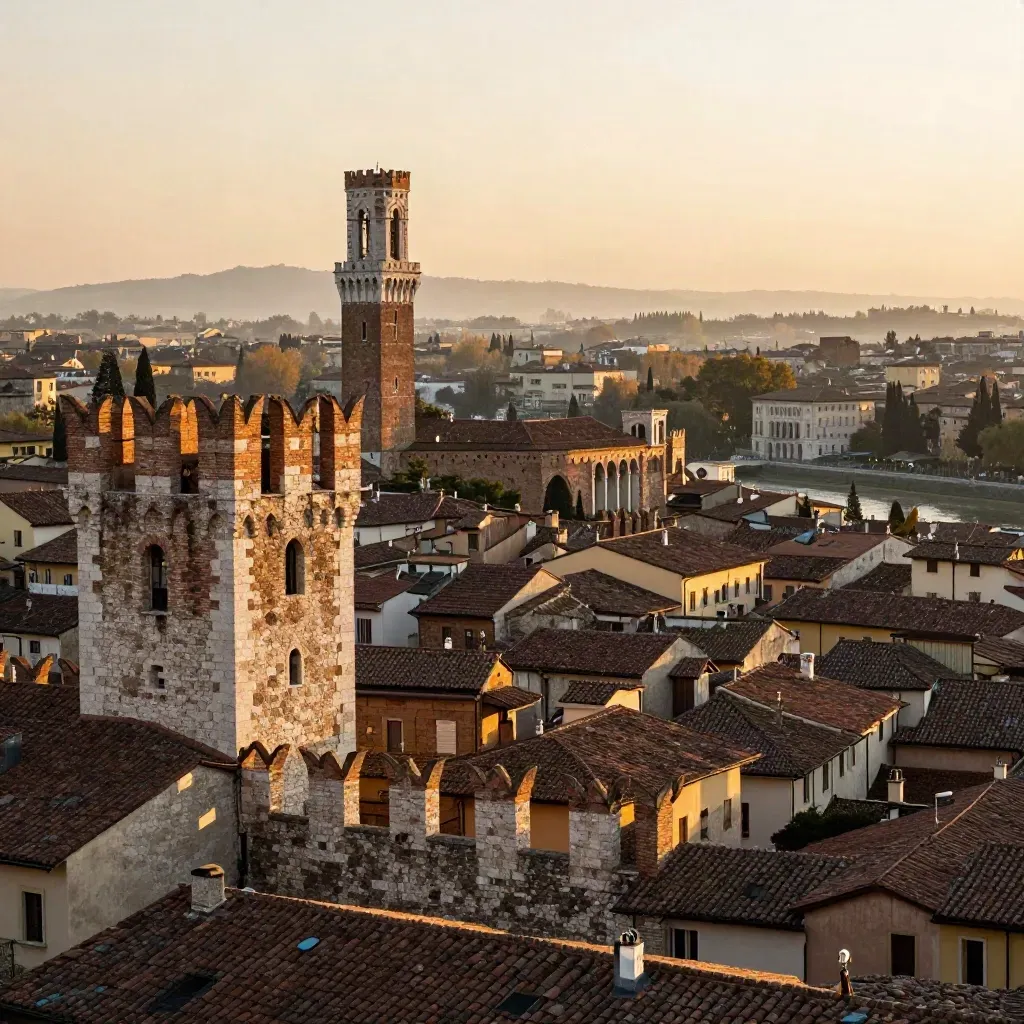 Verona al tramonto con pietra scaligera, campanile lontano e foschia dorata.