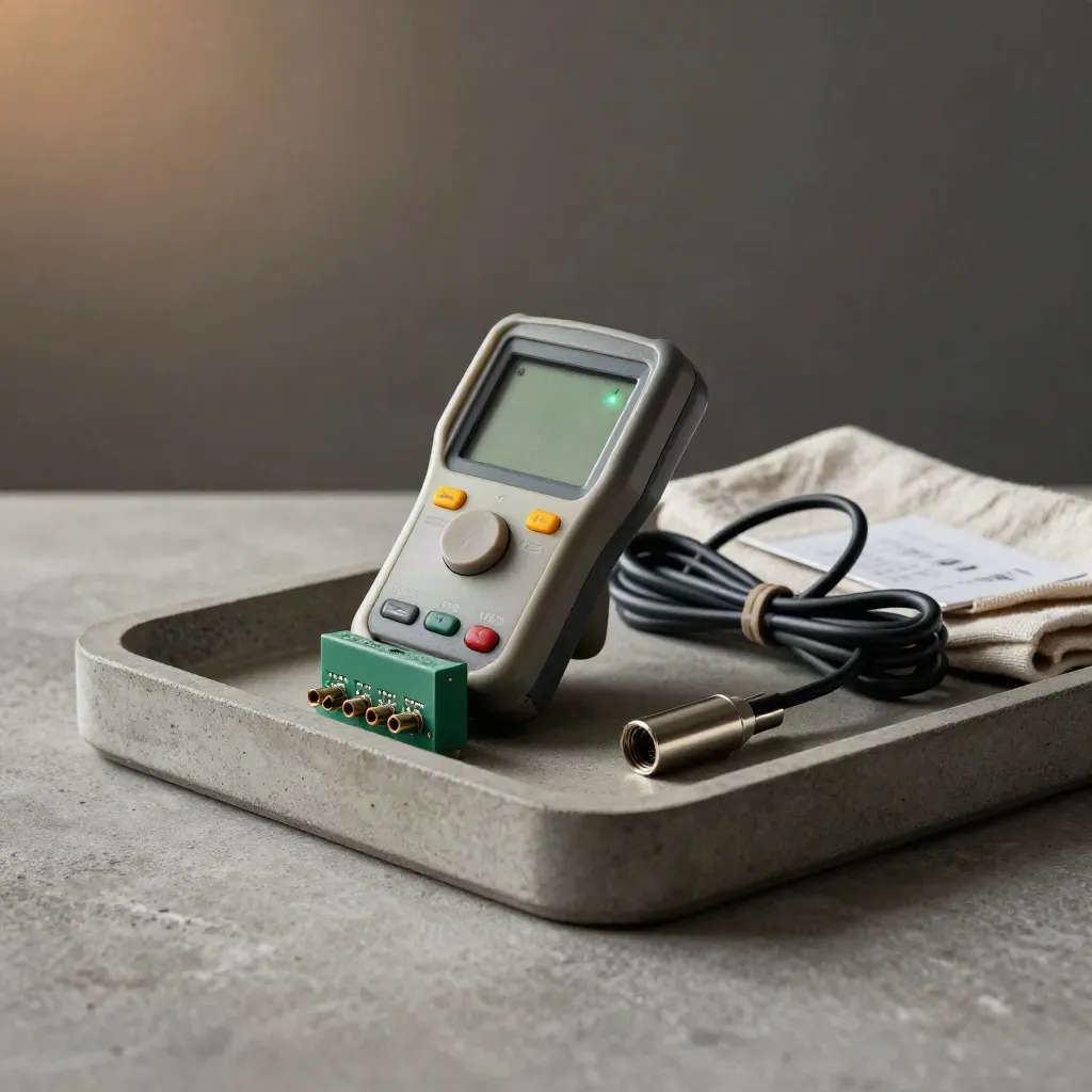 Tester di rete, modulo relè e cavo patch su vassoio tecnico con luce morbida.