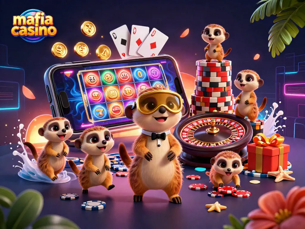Engage with mafia casino through a lively 3D scene illustrating playful meerkats managing a casino.